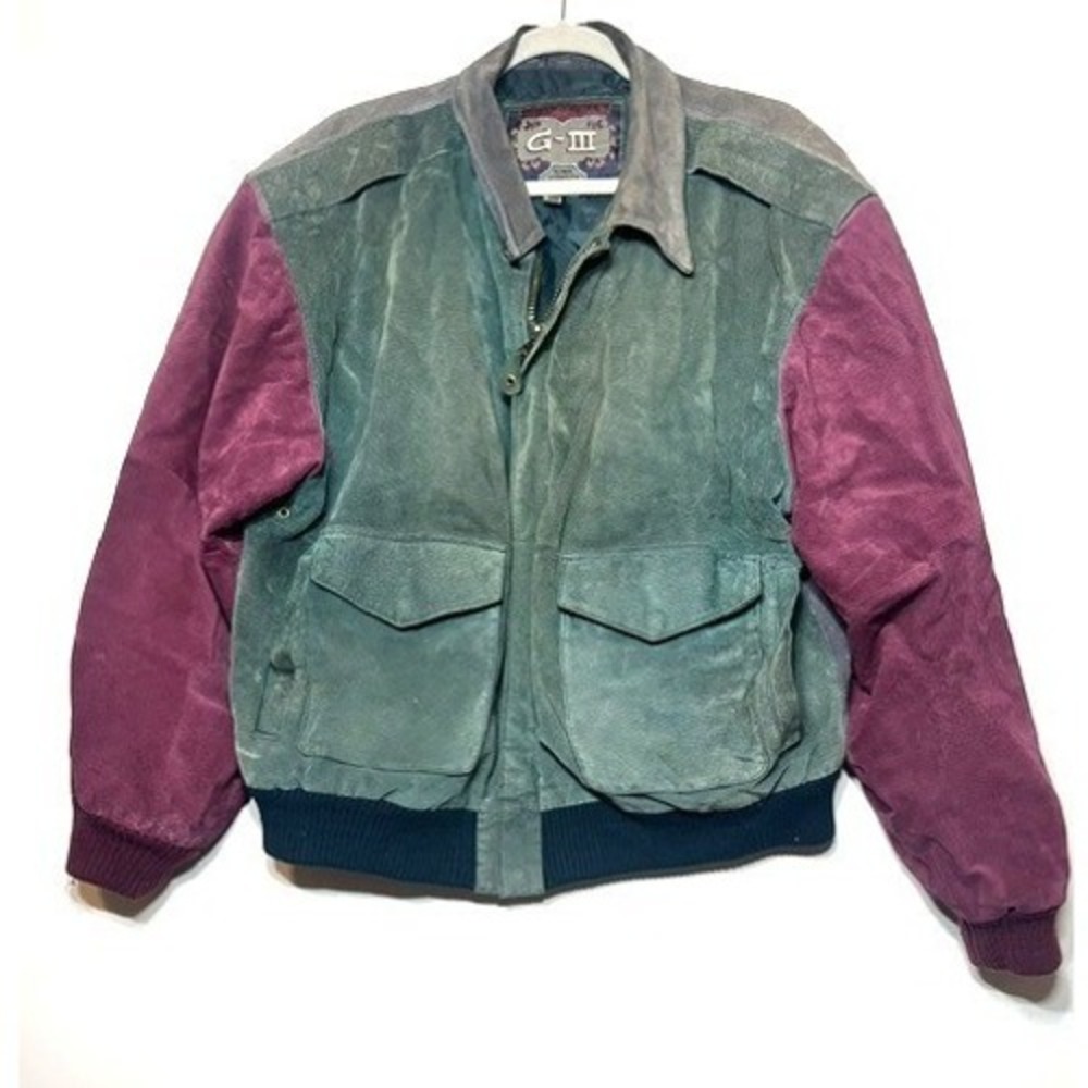 VTG G-III Global Identity Suede Leather Bomber Jacket Men's L Green Maroon  90s